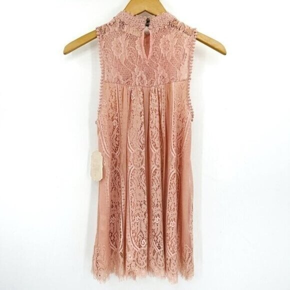 Altar'd State Pink Lace Overlay Green Keyhole Boho Wedding Sheath Small Dress - Picture 7 of 8